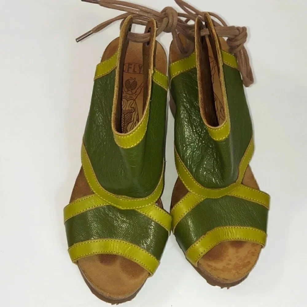 Fly London Luxe Kiwi & Olive Tieback Leather Platform Wedge Sandals Sz 36